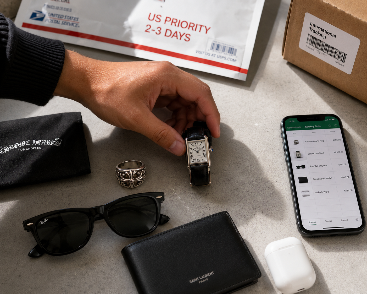 Daily carry accessories flat lay with Chrome Hearts ring Cartier watch sunglasses and US priority shipping Daily carry accessories flat lay with Chrome Hearts ring Cartier watch sunglasses and US priority shipping
