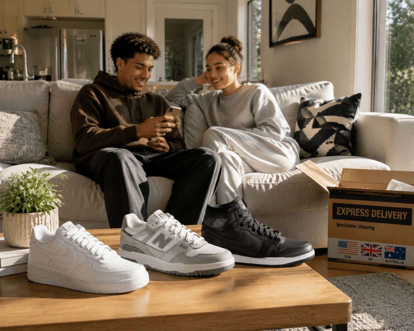 Three popular sneaker styles displayed on coffee table with express delivery box, Nike Air Force 1 Jordan 1 New Balance collection Three popular sneaker styles displayed on coffee table with express delivery box, Nike Air Force 1 Jordan 1 New Balance collection